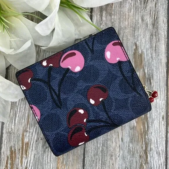 Coach Snap Wallet In Signature Canvas With Cherry Print & Cherry Charm Bag Purse - Picture 4 of 8